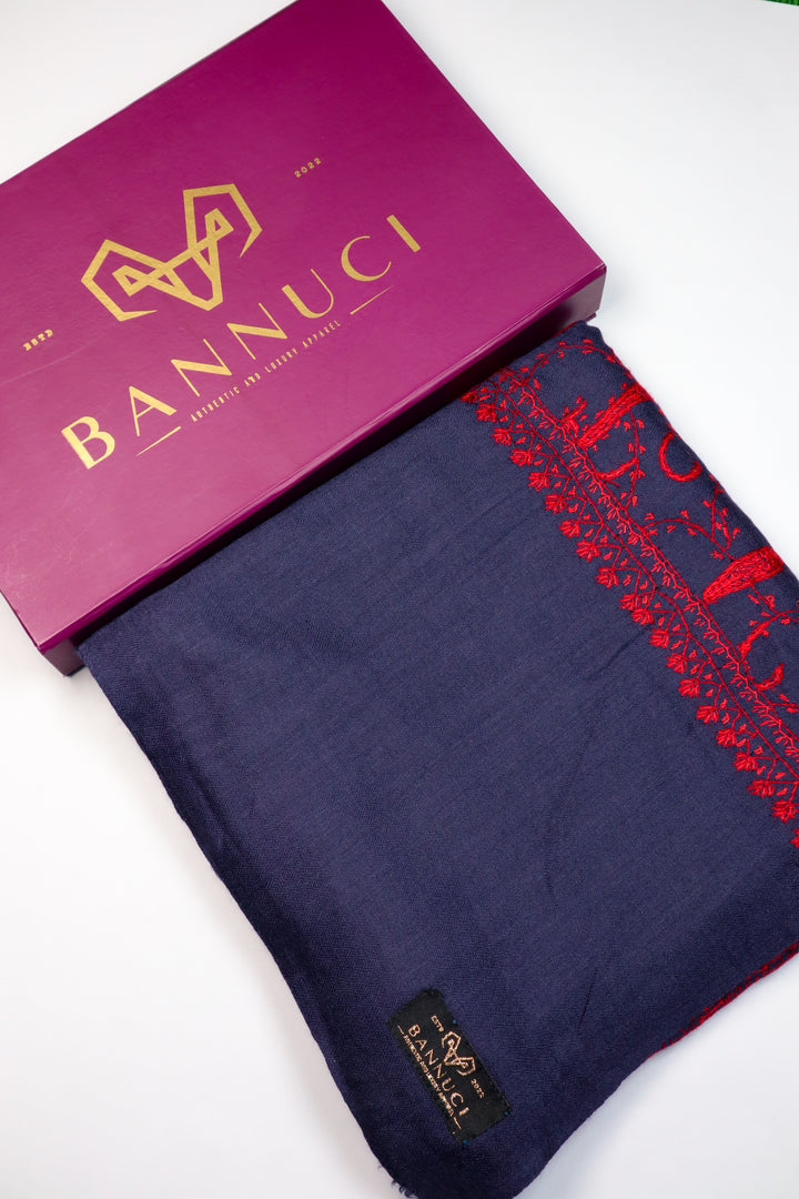 Premium Quality fully Hand embroidered Blue with red embroidery pashmina/Cashmere shawl