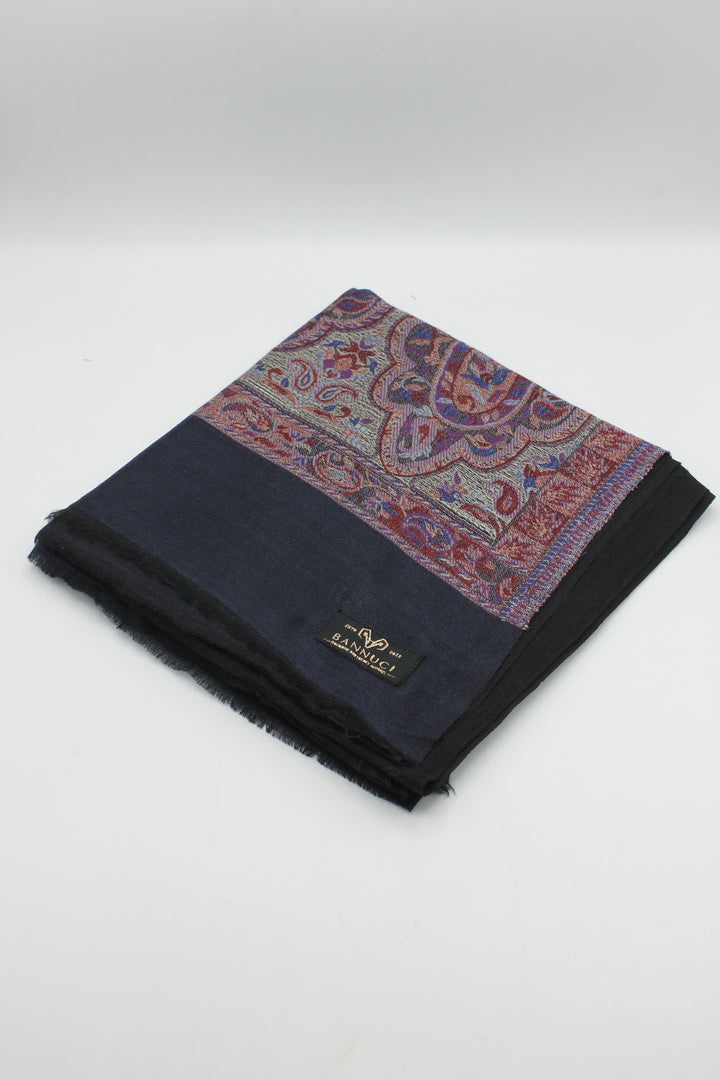 Premium Quality Black with Purple Color Bordererd Woven Pashmina Cashmere Shawl