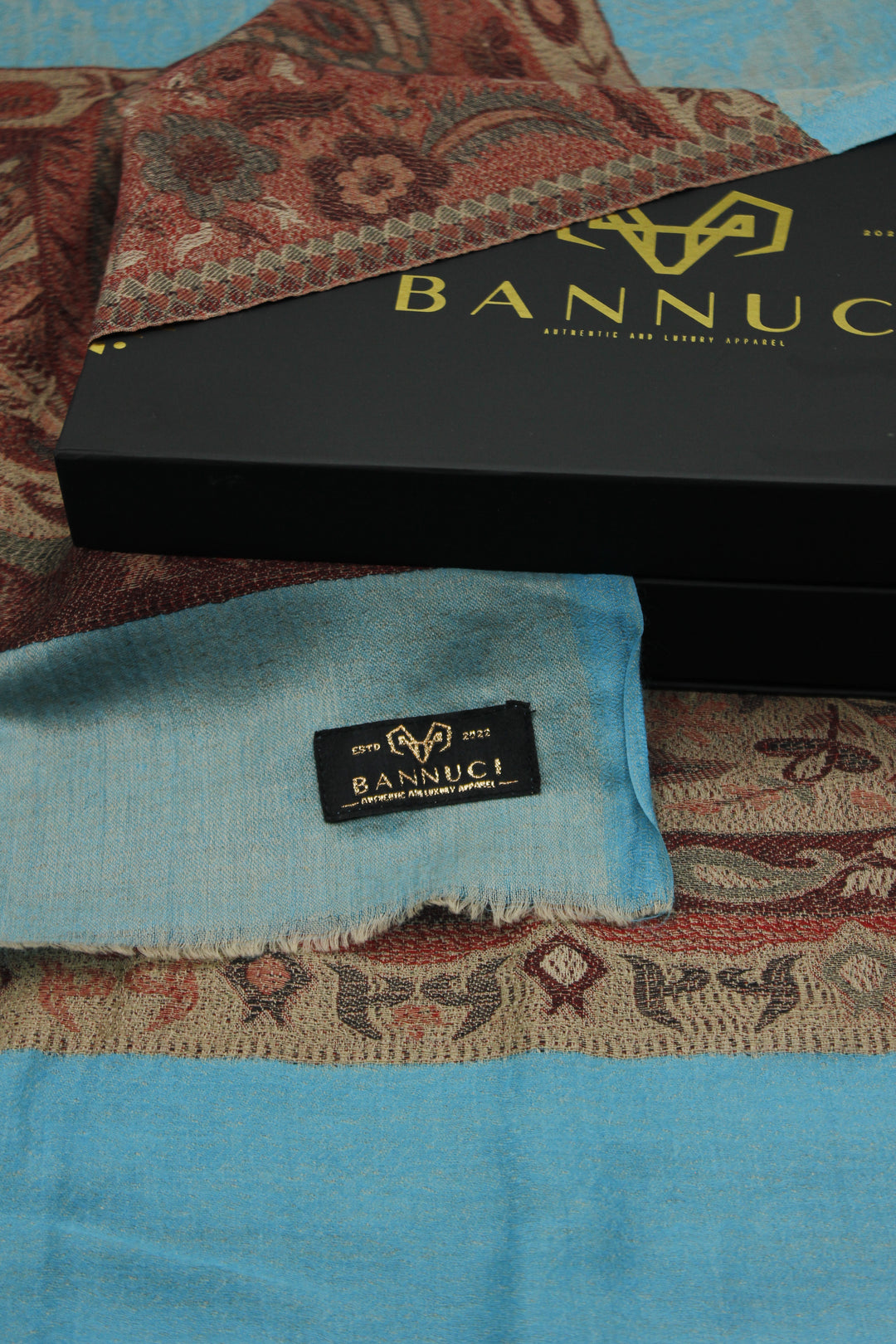 Premium Quality Blue with Meroon Bordererd Woven Pashmina Cashmere Shawl