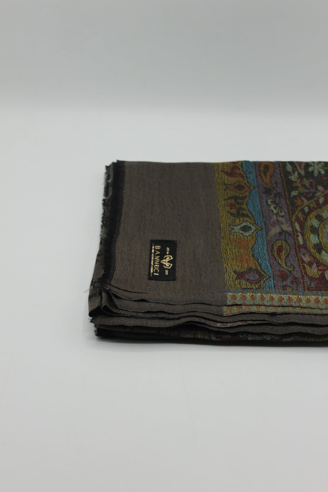 Premium Quality Dark Brown Multi Color Bordererd Woven Pashmina Cashmere Shawl