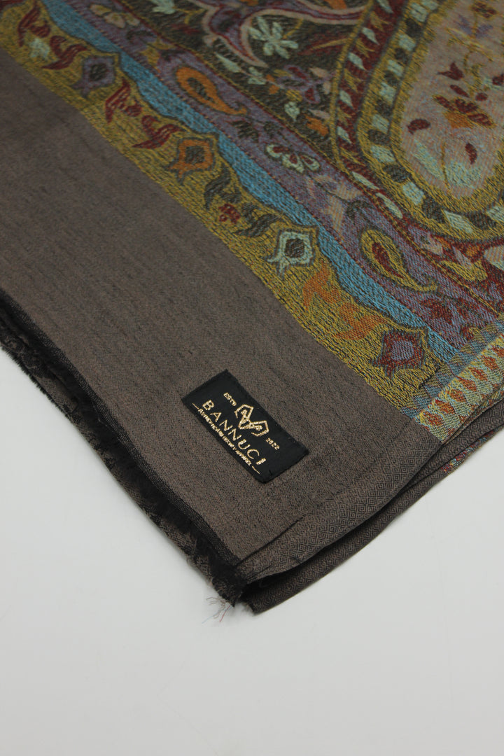 Premium Quality Dark Brown Multi Color Bordererd Woven Pashmina Cashmere Shawl