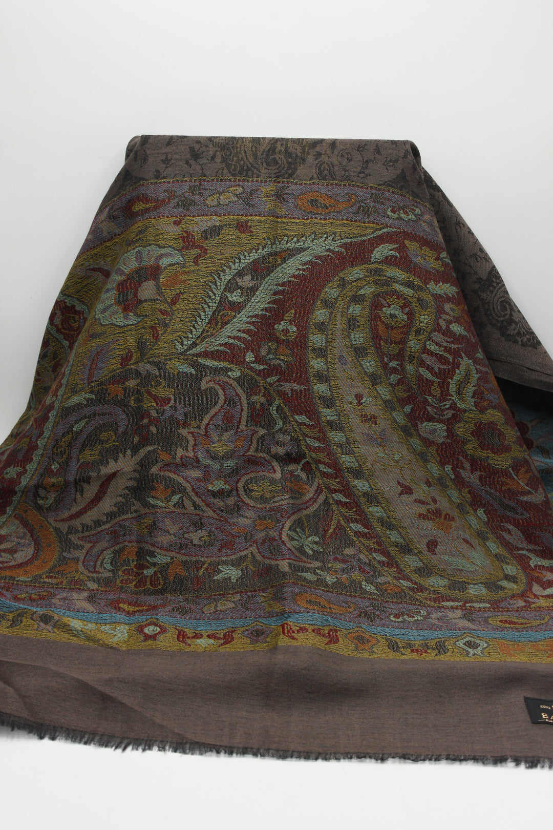 Premium Quality Dark Brown Multi Color Bordererd Woven Pashmina Cashmere Shawl