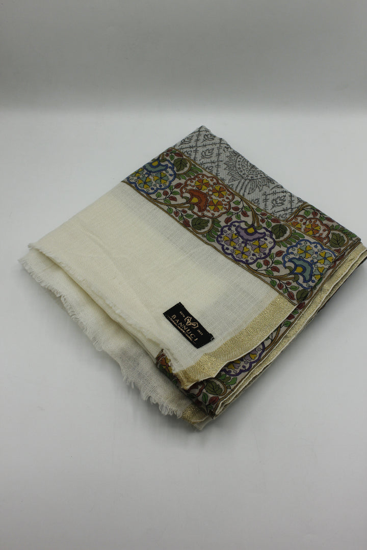 Premium Quality Off White With Multi Color Embroidered Border Pashmina Cashmere Shawl