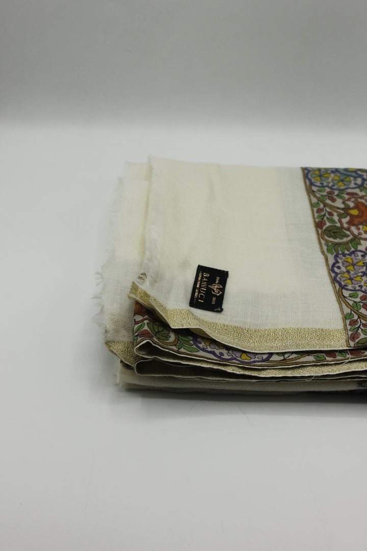 Premium Quality Off White With Multi Color Embroidered Border Pashmina Cashmere Shawl