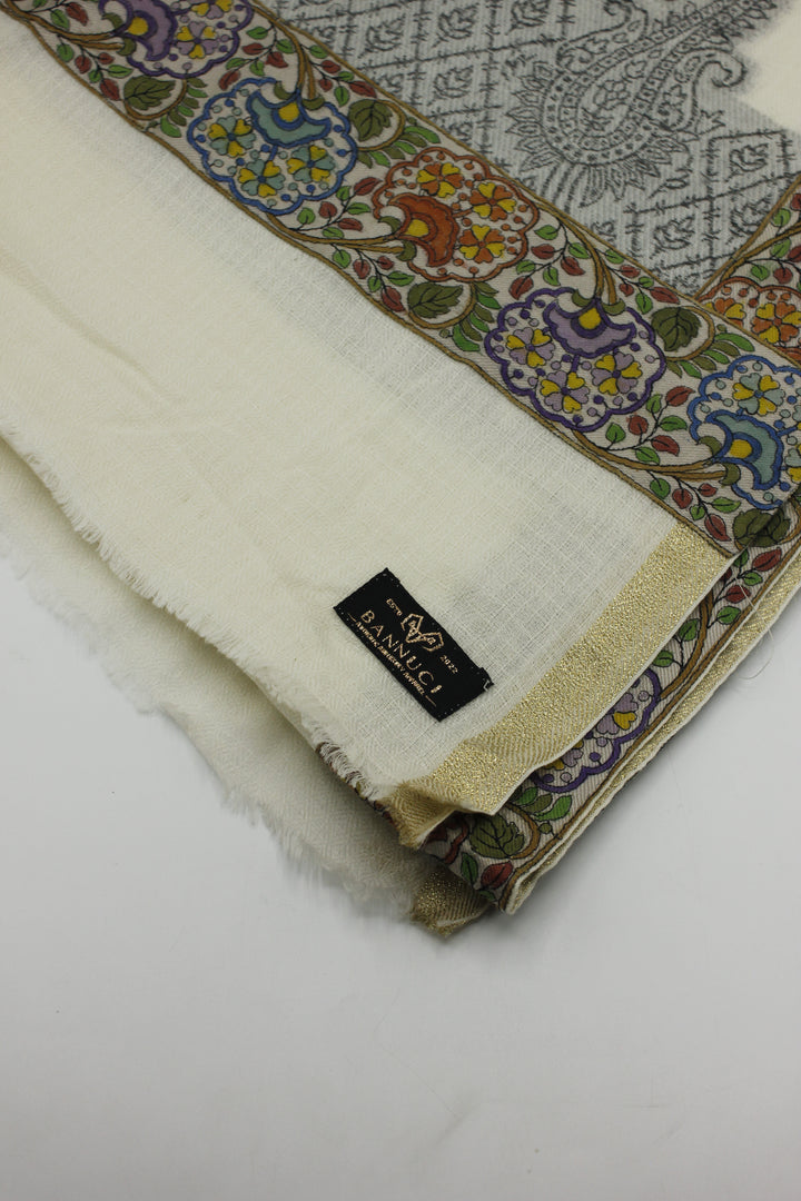 Premium Quality Off White With Multi Color Embroidered Border Pashmina Cashmere Shawl