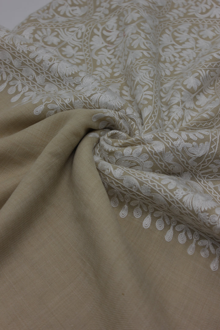 premium quality beige white embroidered pashmina cashmere shawl