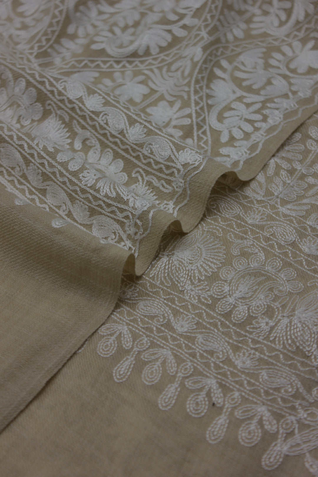 premium quality beige white embroidered pashmina cashmere shawl