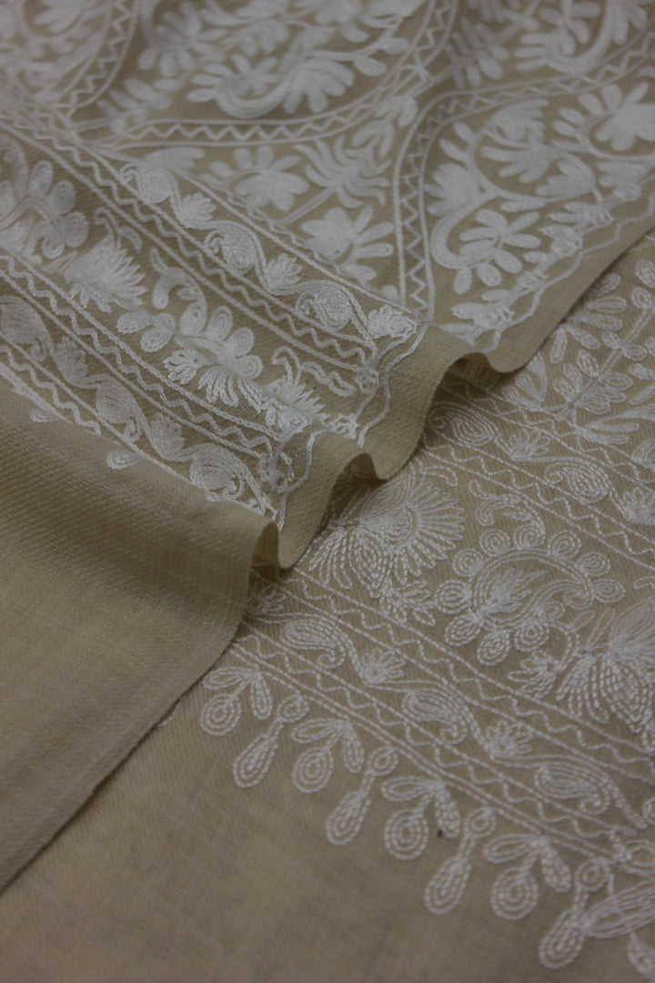 premium quality beige white embroidered pashmina cashmere shawl