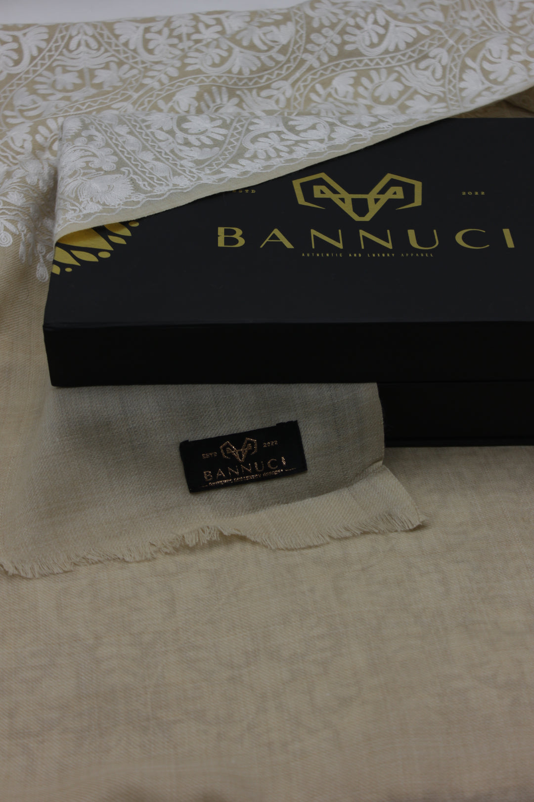 premium quality beige white embroidered pashmina cashmere shawl