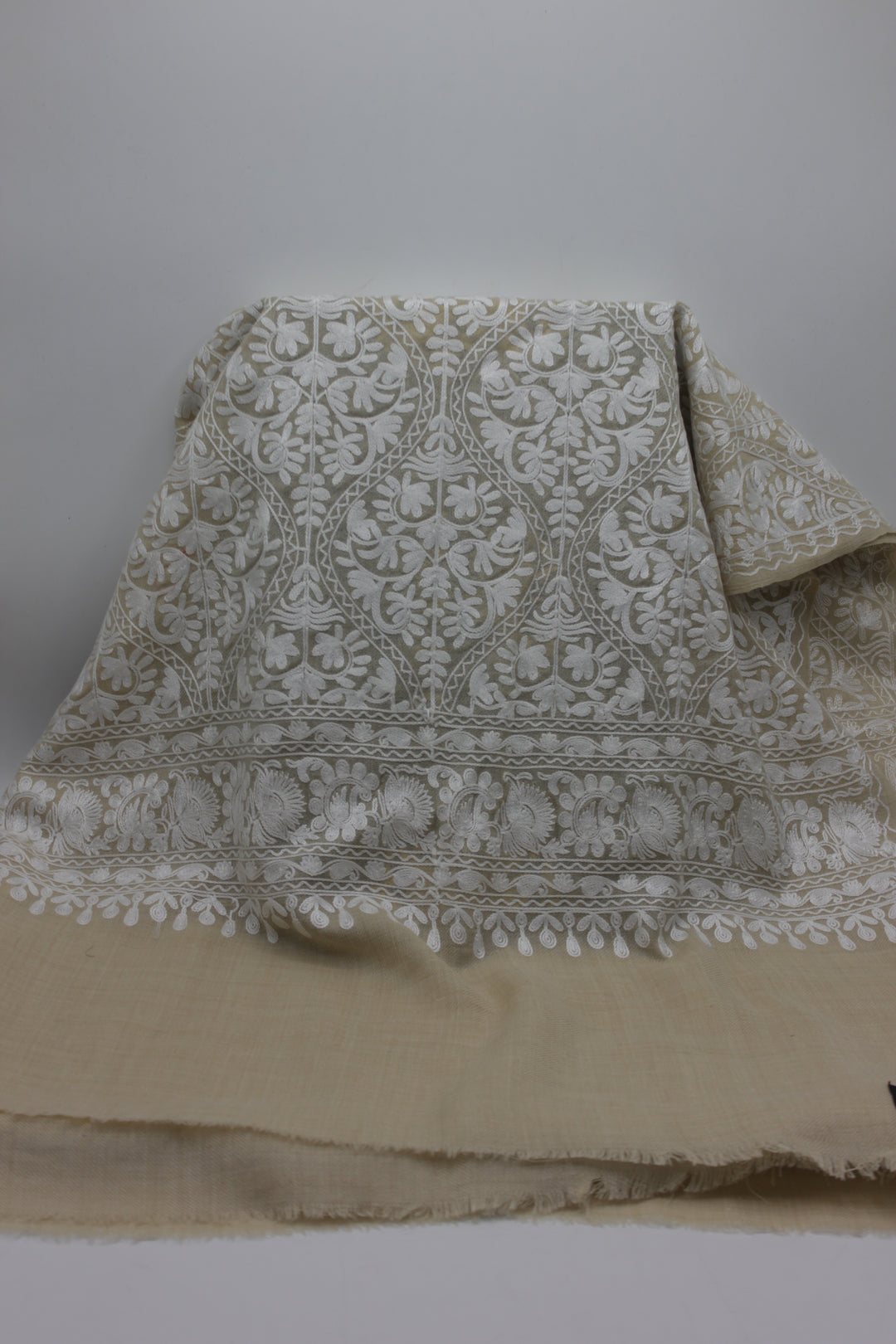 premium quality beige white embroidered pashmina cashmere shawl