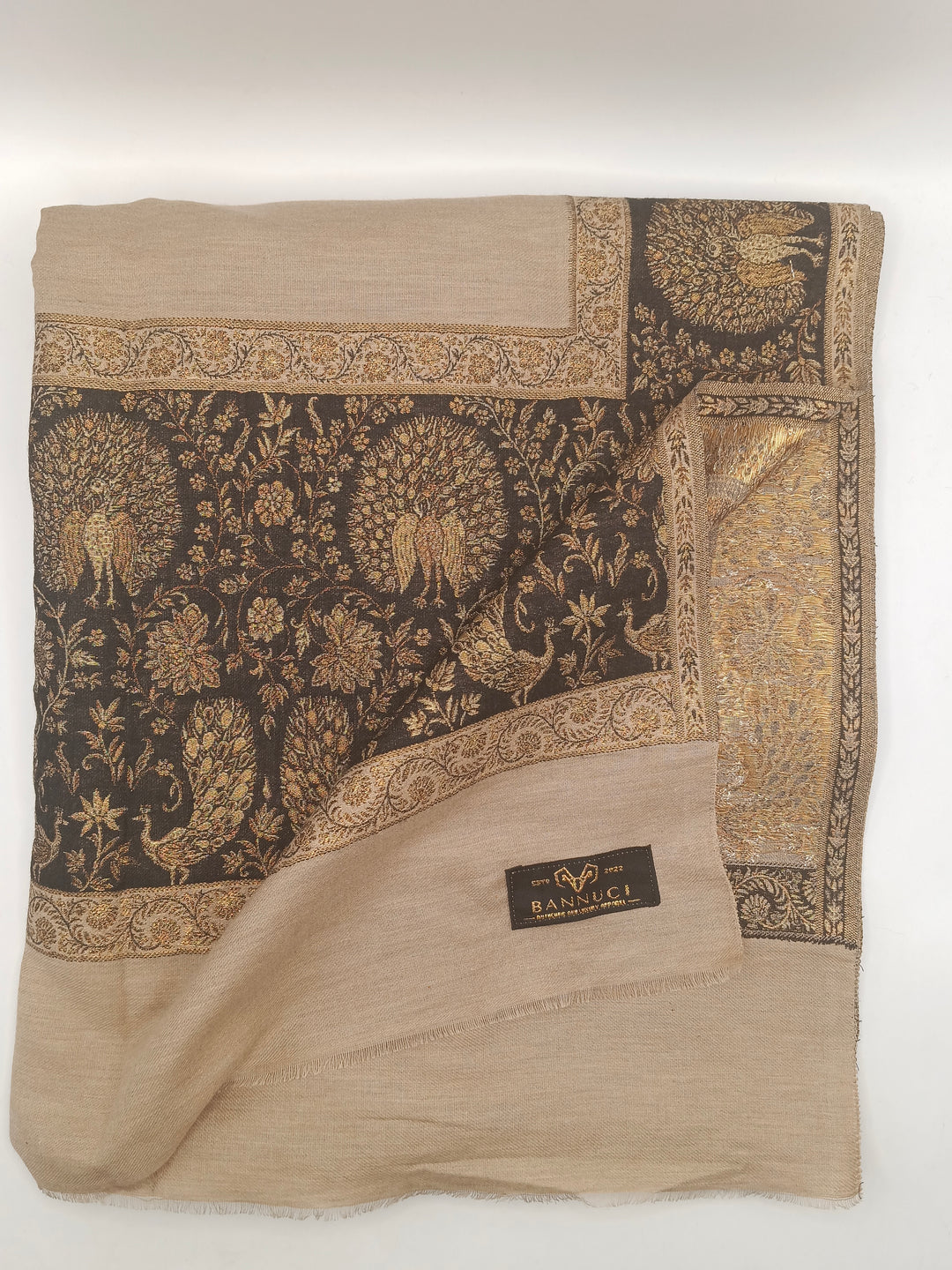 Premium Pashmina Shawl With Four Sided Black And Gold Woven Border