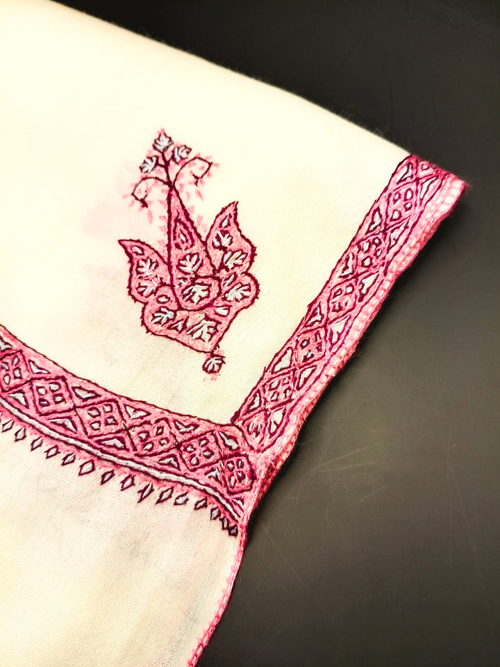 Hand Embroidered Extremely Soft Original Toosh Shawl With Border And 4 Kunj Motifs