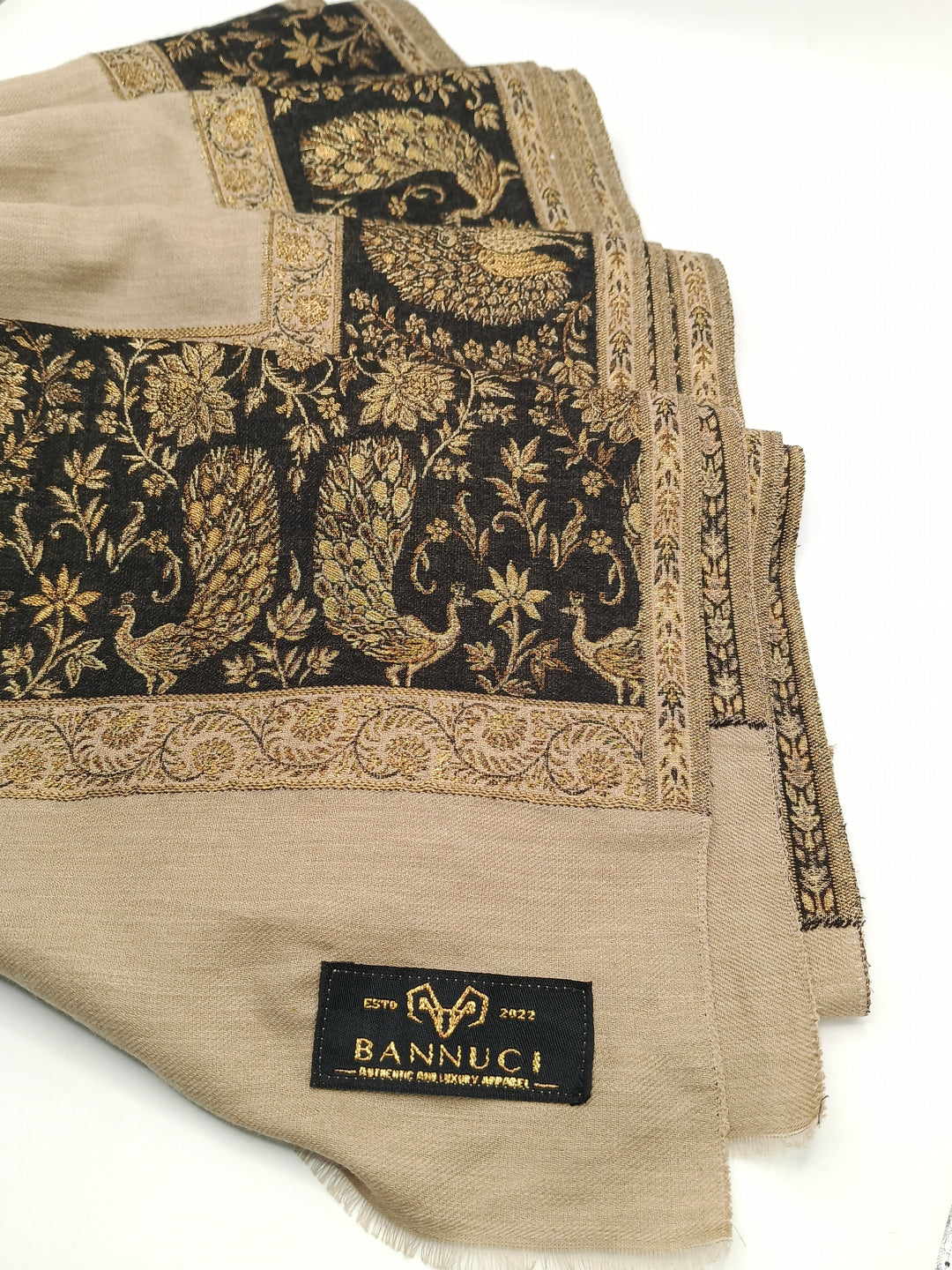 Premium Pashmina Shawl With Four Sided Black And Gold Woven Border