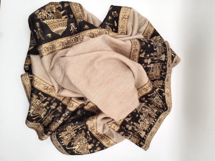 Premium Pashmina Shawl With Four Sided Black And Gold Woven Border