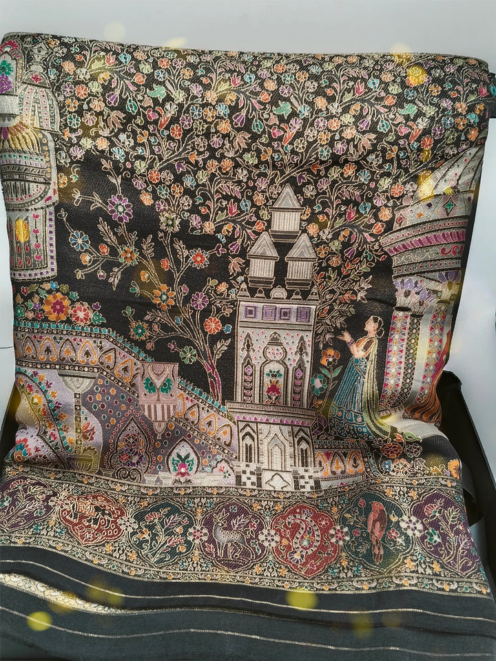 Premium Quality Black Mix Multi Color kani Silk Pashmina  Shawl