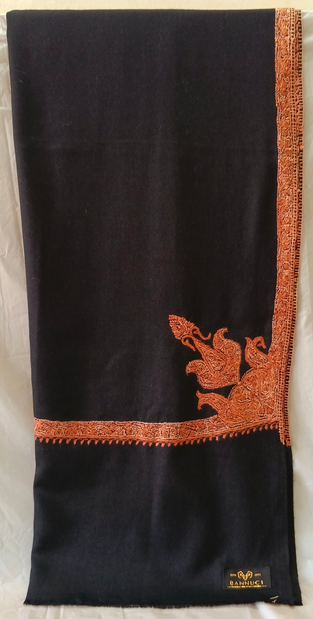 Hand Embroidered Extremely Soft Original Toosh Shawl With Border And 4 Kunj Motifs