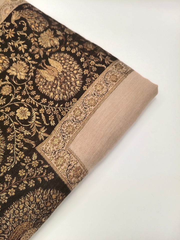 Premium Pashmina Shawl With Four Sided Black And Gold Woven Border