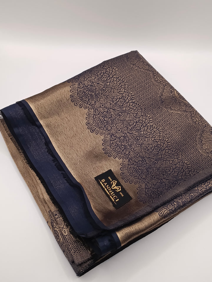 Premium Quality Blue Golden Reversible Moonlight Kani Pashmina Cashmere Shawl