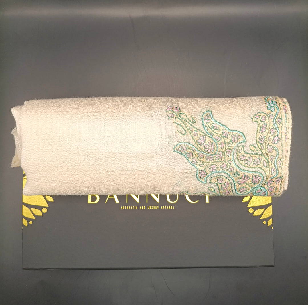 Hand Embroidered Extremely Soft Original Toosh Shawl With Border And 4 Kunj Motifs