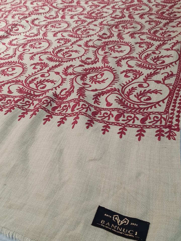 Premium Quality Cream Colored Base Pink Full Embroidered Pashmina Cashmere shawl
