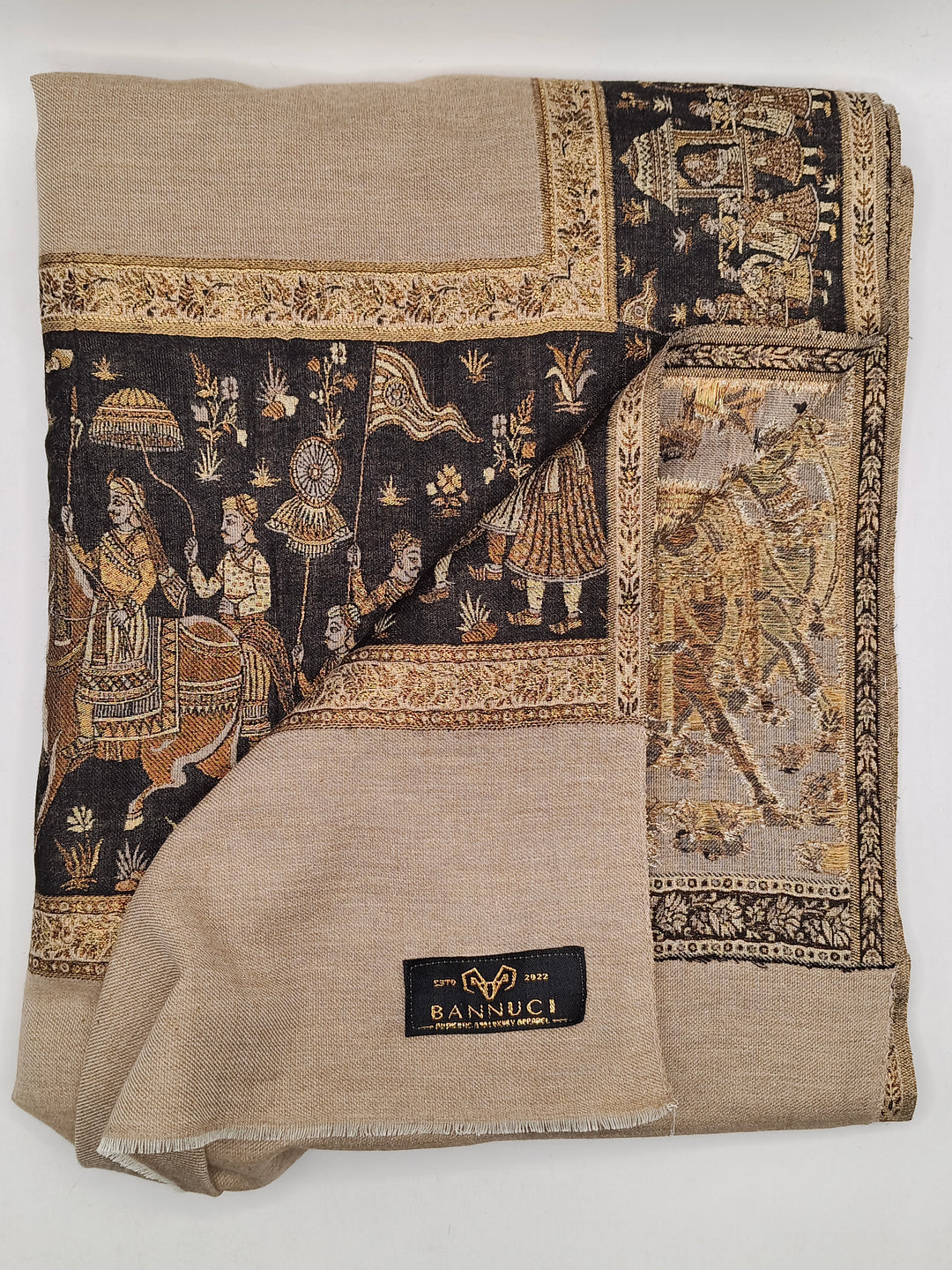 Premium Pashmina Shawl With Four Sided Black And Gold Woven Border
