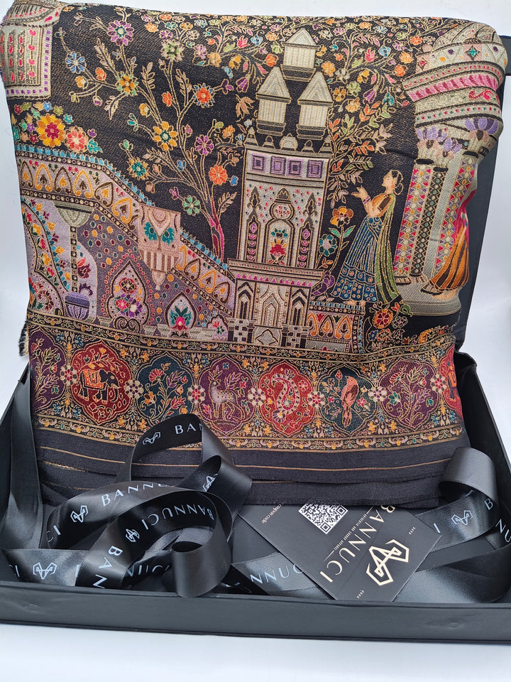 Premium Quality Black Mix Multi Color kani Silk Pashmina  Shawl