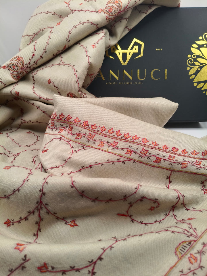 A Premium Quality Beige Full Embroidered Pashmina Cashmere Shawl