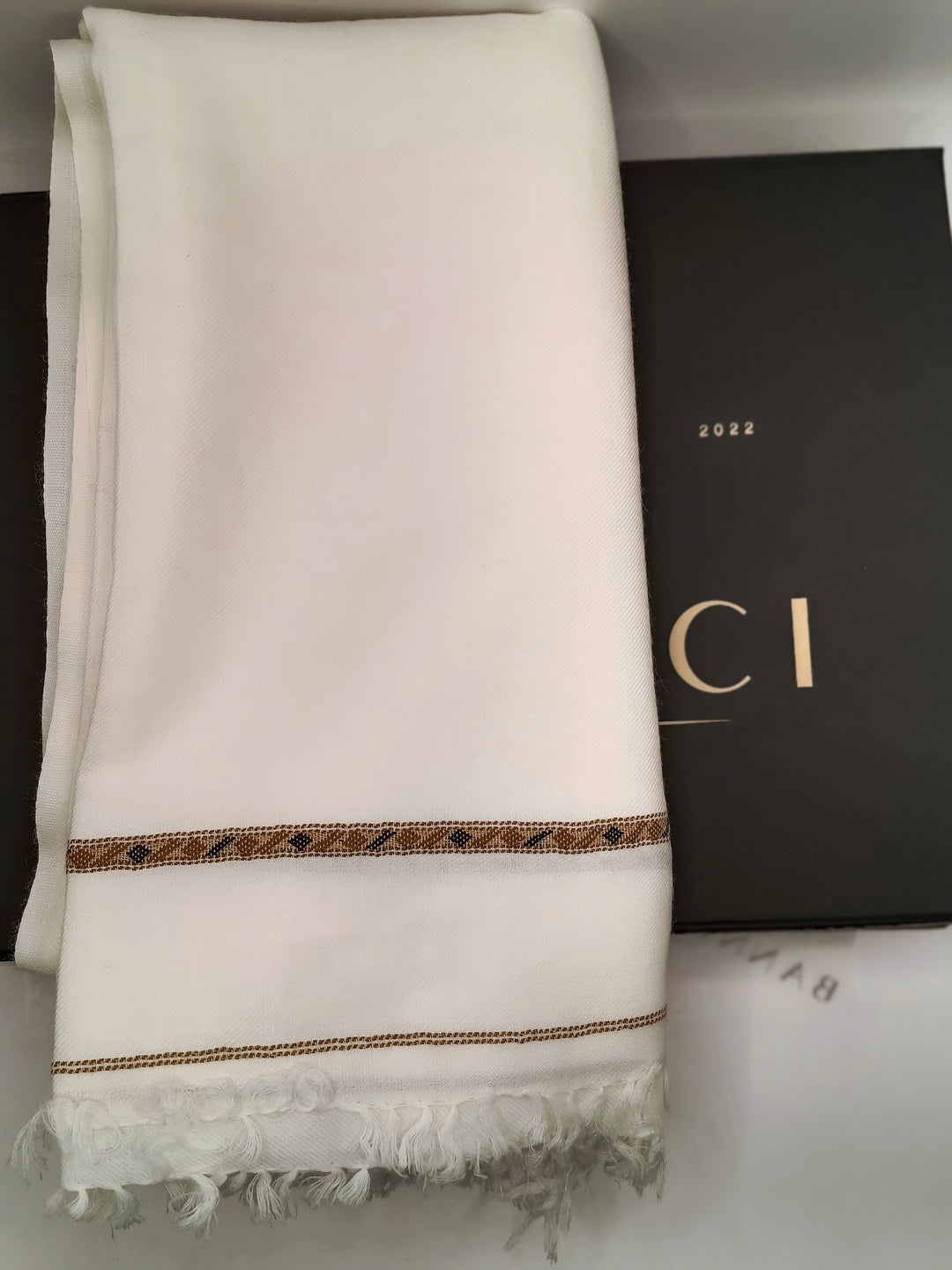 Premium Quality Striped Light Weight White Woolen Shawl
