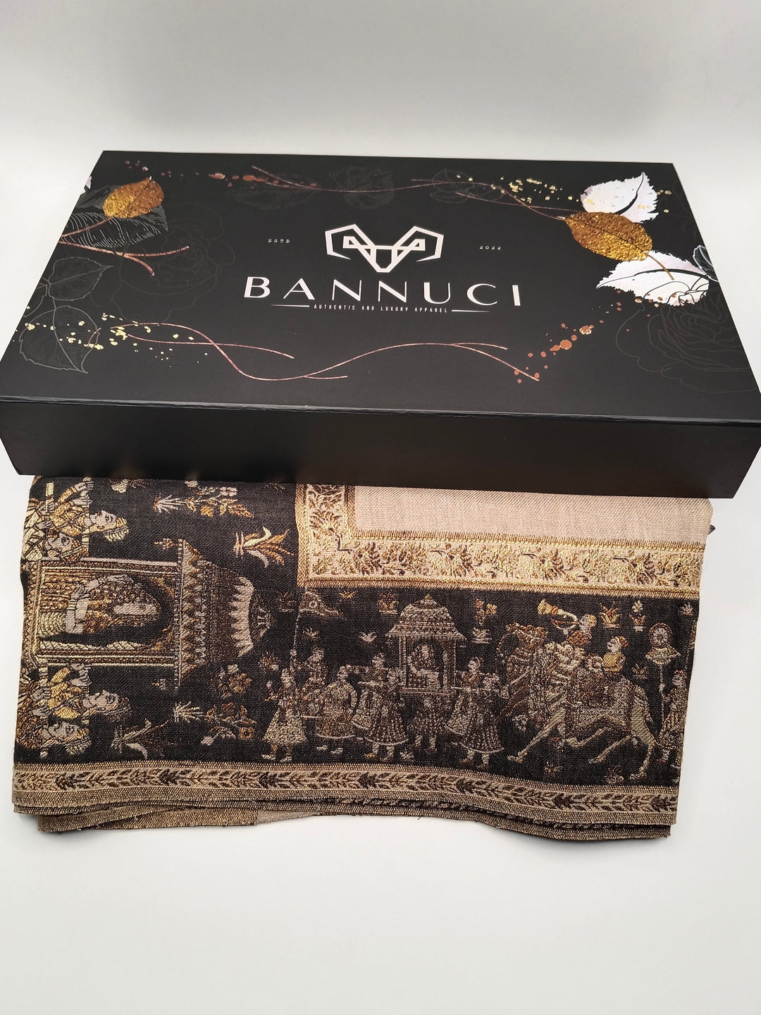 Premium Pashmina Shawl With Four Sided Black And Gold Woven Border