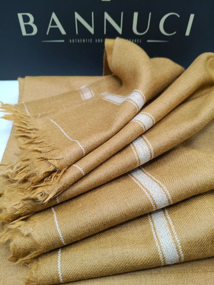 Premium Quality Stripped Double Fiber 72  Camel Color Woolen Shawl