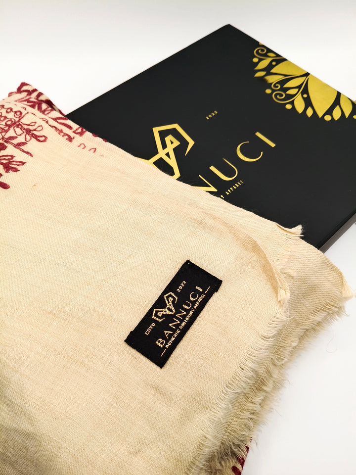 Premium Quality Cream Colored Base Pink Full Embroidered Pashmina Cashmere shawl