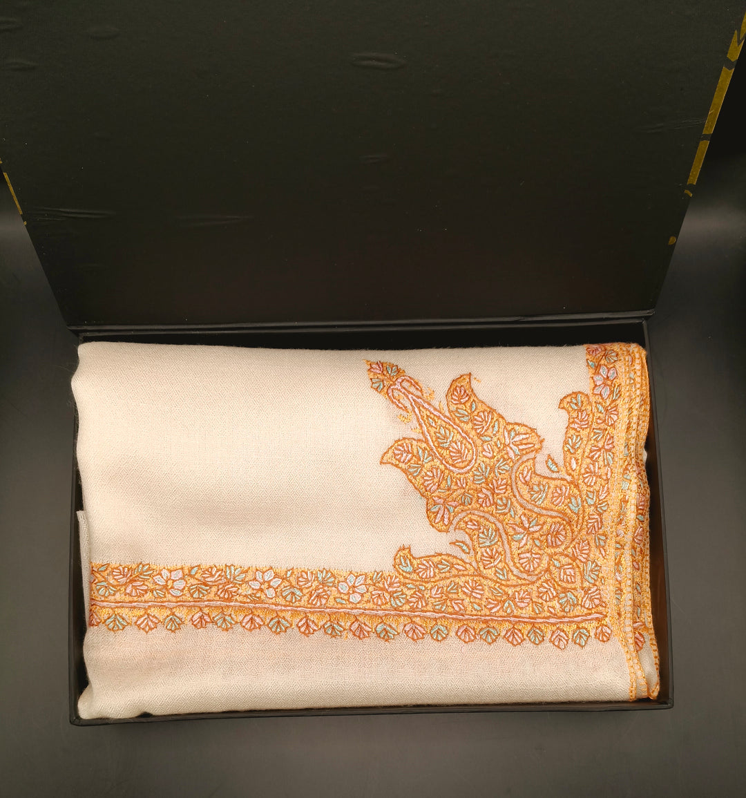 Hand Embroidered Extremely Soft Original Toosh Shawl With Border And 4 Kunj Motifs