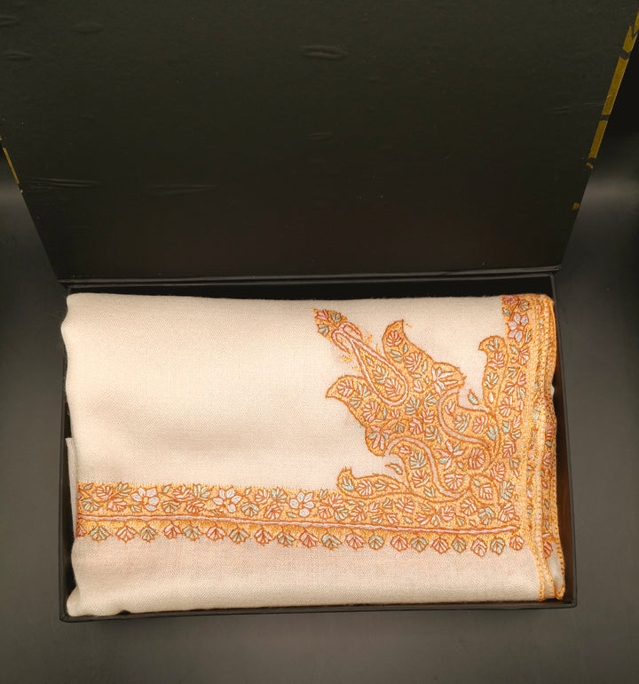 Hand Embroidered Extremely Soft Original Toosh Shawl With Border And 4 Kunj Motifs