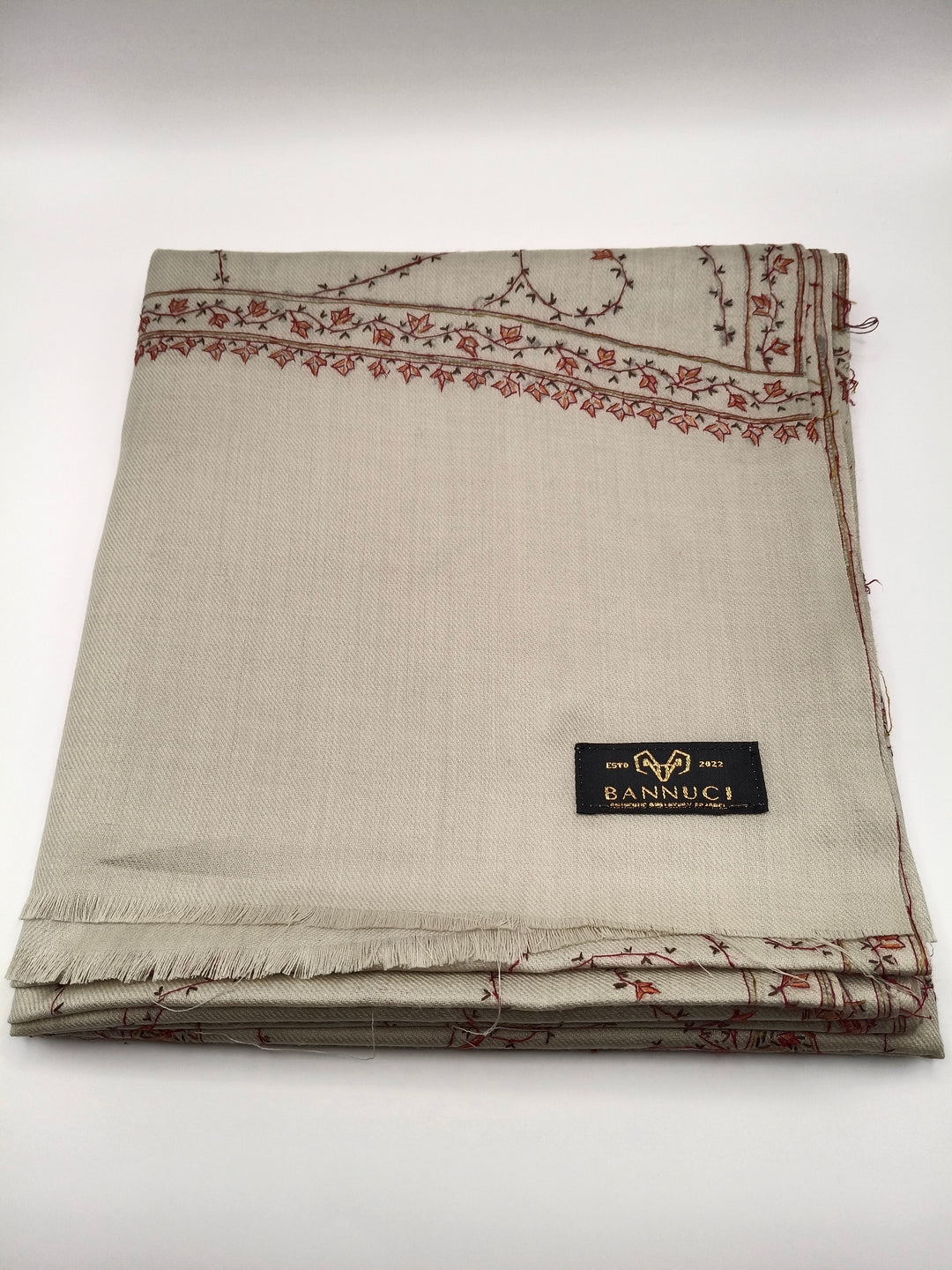 A Premium Quality Beige Full Embroidered Pashmina Cashmere Shawl