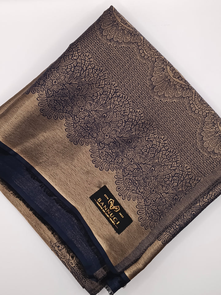 Premium Quality Blue Golden Reversible Moonlight Kani Pashmina Cashmere Shawl