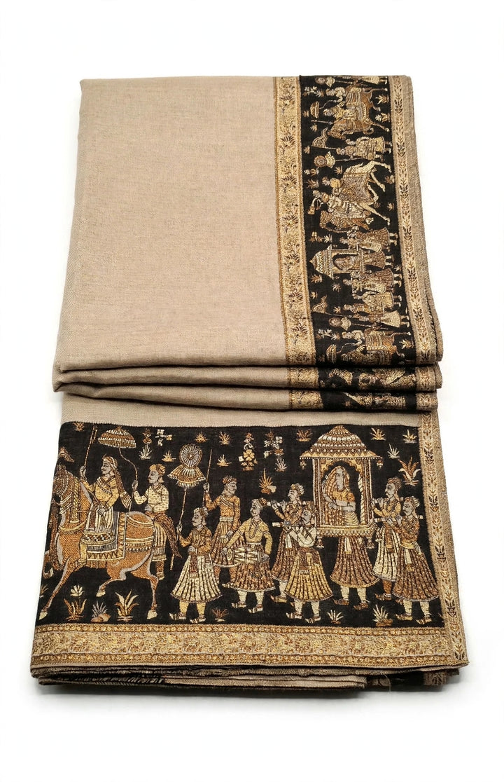 Premium Pashmina Shawl With Four Sided Black And Gold Woven Border