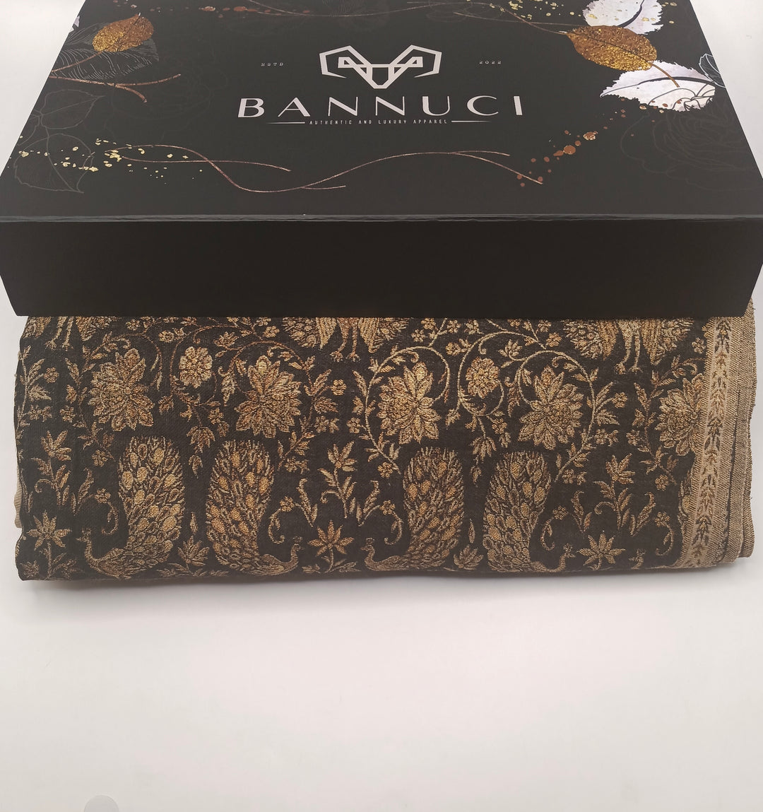 Premium Pashmina Shawl With Four Sided Black And Gold Woven Border