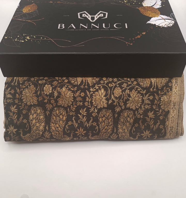 Premium Pashmina Shawl With Four Sided Black And Gold Woven Border