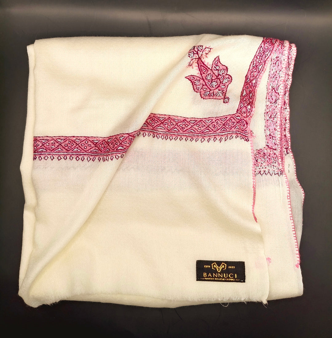 Hand Embroidered Extremely Soft Original Toosh Shawl With Border And 4 Kunj Motifs