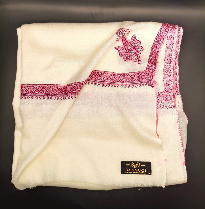 Hand Embroidered Extremely Soft Original Toosh Shawl With Border And 4 Kunj Motifs