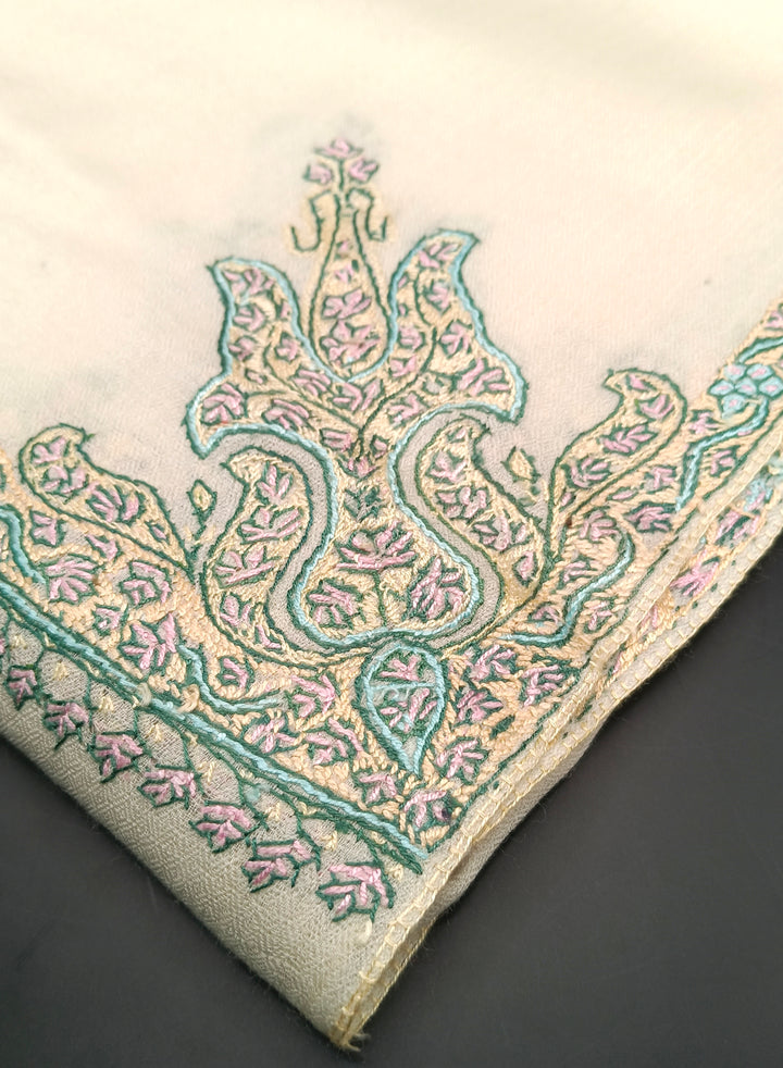 Hand Embroidered Extremely Soft Original Toosh Shawl With Border And 4 Kunj Motifs