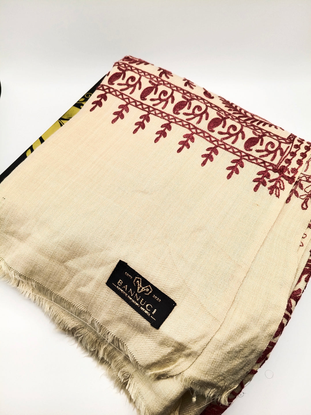 Premium Quality Cream Colored Base Pink Full Embroidered Pashmina Cashmere shawl