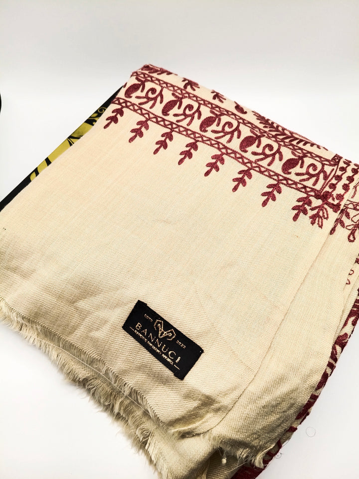 Premium Quality Cream Colored Base Pink Full Embroidered Pashmina Cashmere shawl