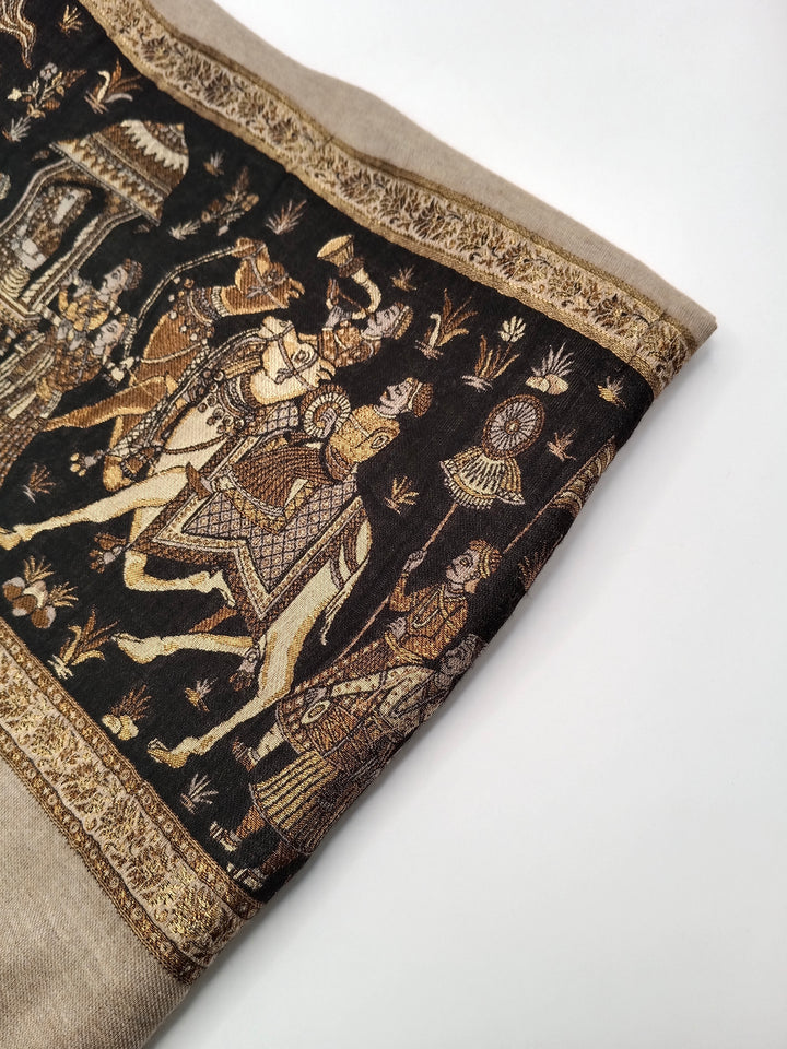 Premium Pashmina Shawl With Four Sided Black And Gold Woven Border