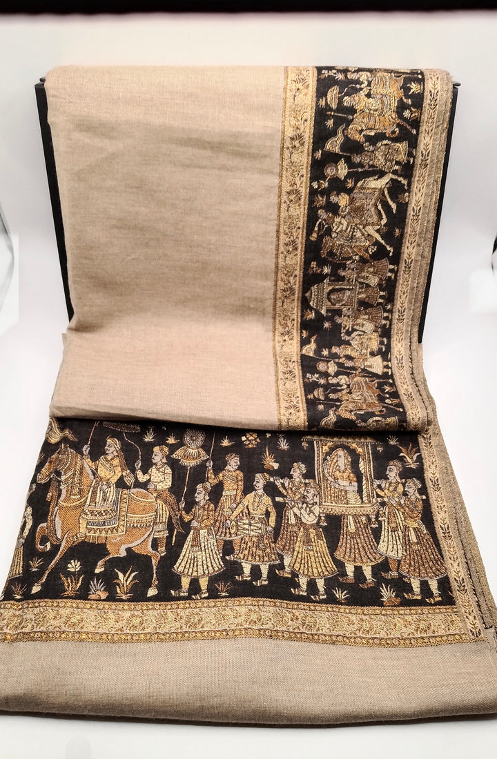 Premium Pashmina Shawl With Four Sided Black And Gold Woven Border