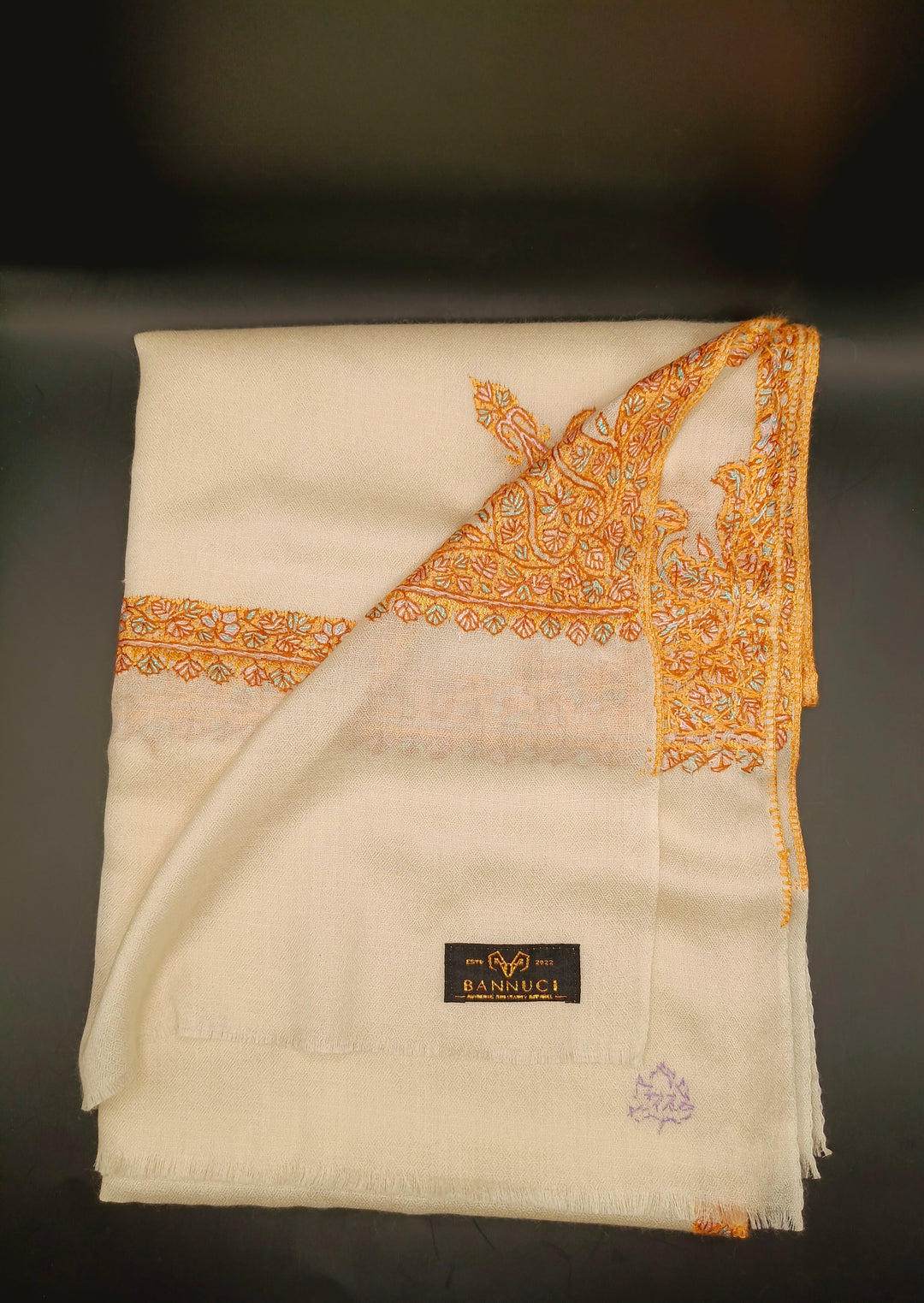 Hand Embroidered Extremely Soft Original Toosh Shawl With Border And 4 Kunj Motifs