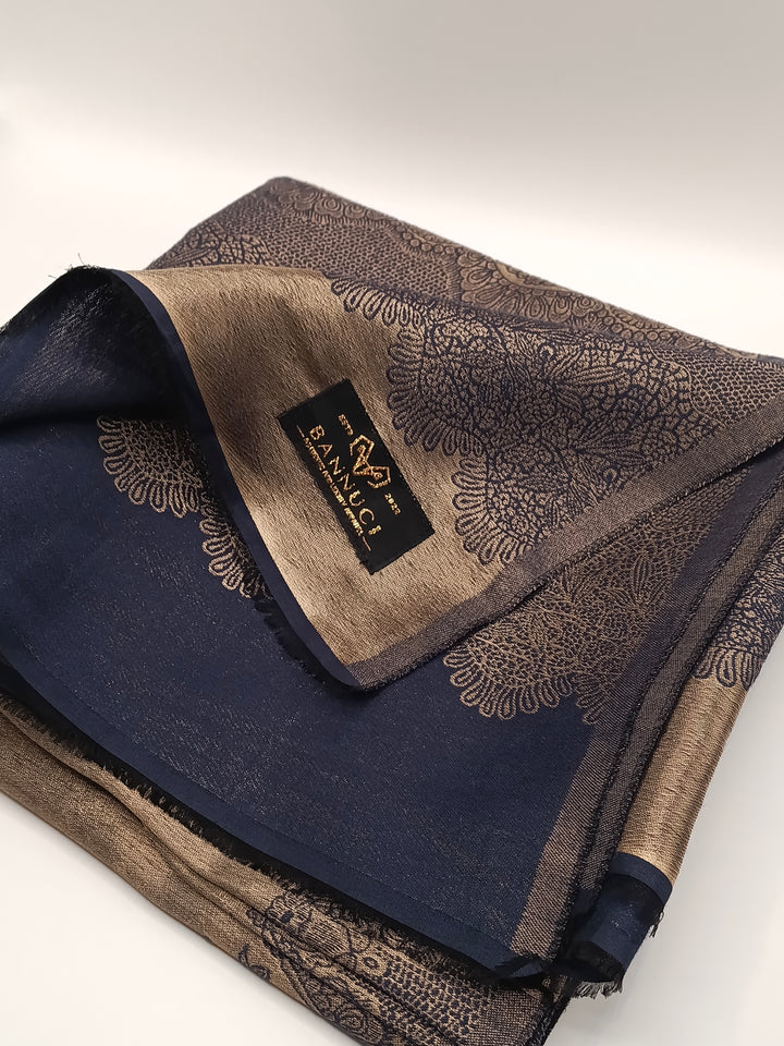 Premium Quality Blue Golden Reversible Moonlight Kani Pashmina Cashmere Shawl