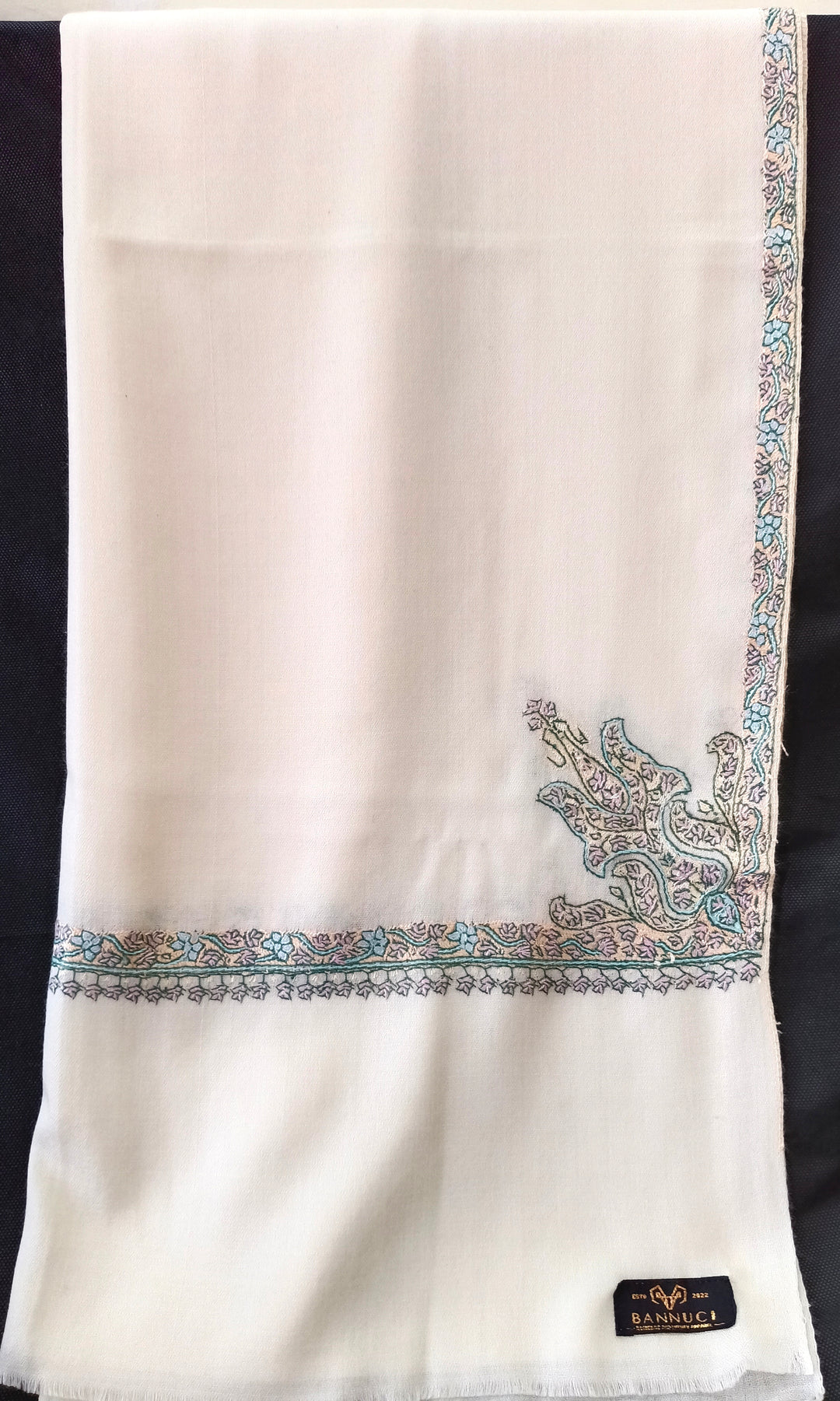 Hand Embroidered Extremely Soft Original Toosh Shawl With Border And 4 Kunj Motifs