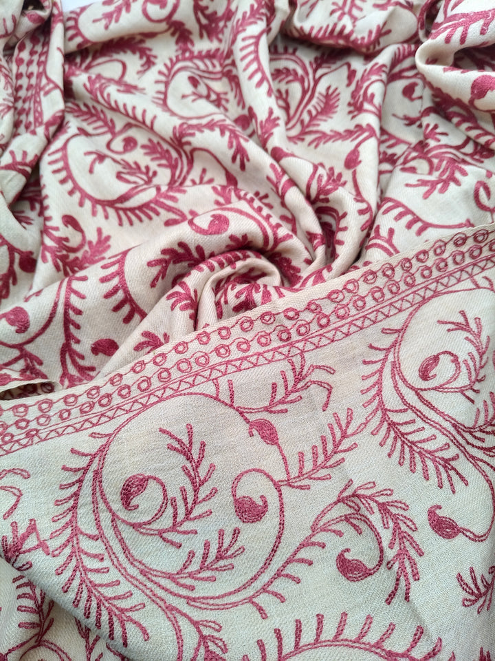 Premium Quality Cream Colored Base Pink Full Embroidered Pashmina Cashmere shawl