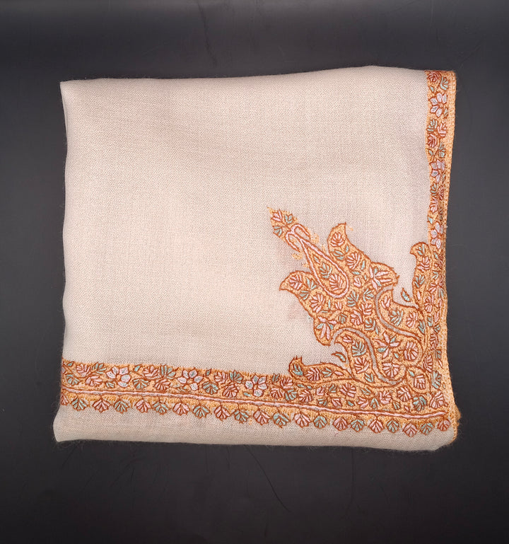 Hand Embroidered Extremely Soft Original Toosh Shawl With Border And 4 Kunj Motifs